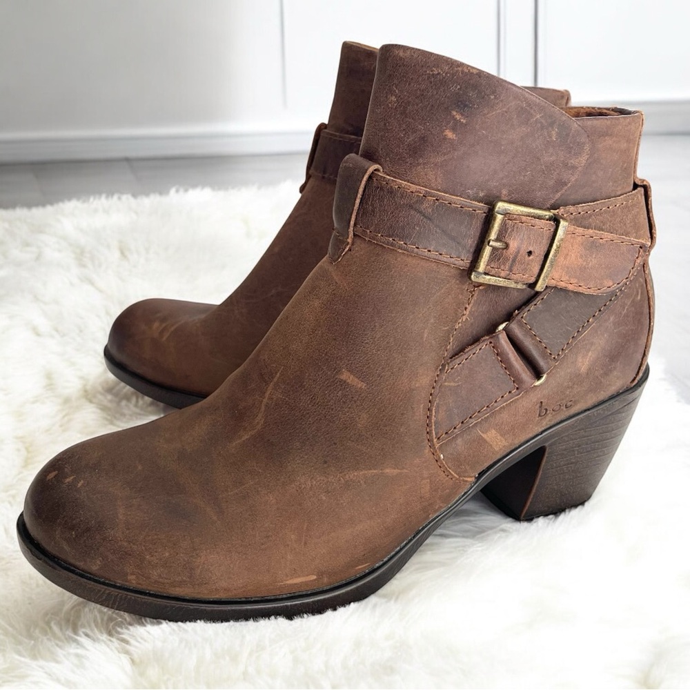 boc Shea Brown Full Grain Leather Heeled Side Zip Buckle Strap Ankle Booties